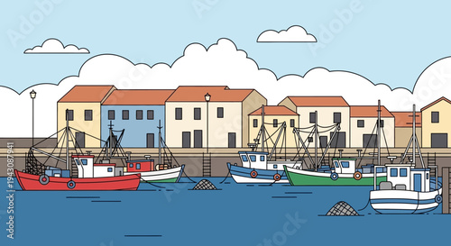 Coastal harbor scene featuring fishing boats and buildings under blue sky
