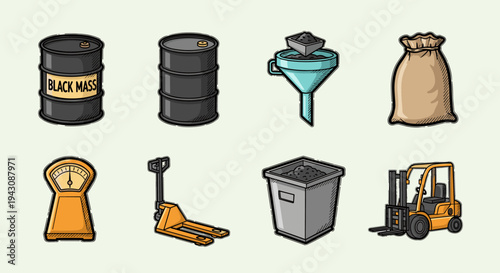 A collection of industrial equipment and materials, illustrated in a colorful, detailed style, suitable for manufacturing contexts