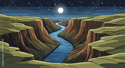 Cartoon river canyon landscape under a night sky with stars and full moon