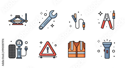 A collection of flat icons depicting essential tools and safety equipment for construction and repair work
