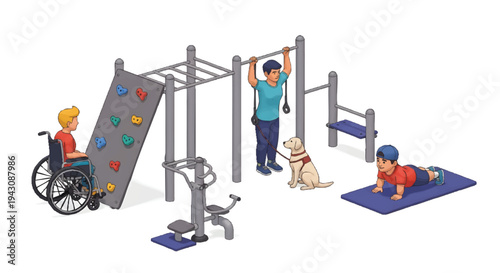 Accessible playground with people exercising and dog