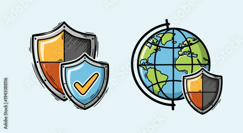 Colorful shield icons representing protection and security, alongside a globe, in a hand-drawn style