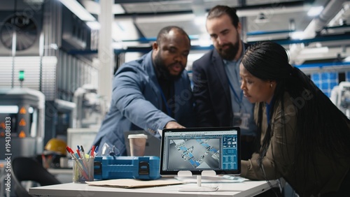 Quadro em tela Black engineering specialists reviewing operational workflows in solar power manufacturing plant