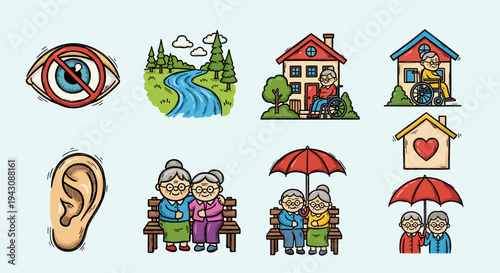 A vibrant illustration featuring icons related to elderly care, including people, homes, and nature elements in a colorful style