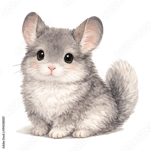 Cute fluffy chinchilla vector illustration, hand-drawn soft gray rodent with adorable big eyes isolated on transparent background