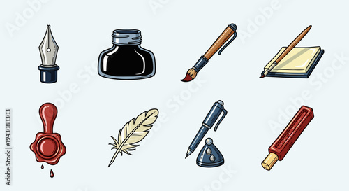 A collection of vintage writing tools including a fountain pen, ink bottle, and feather, illustrated in a colorful style