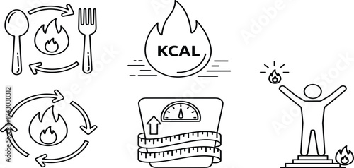 Calorie Burn and Metabolism Line Icon Set with KCAL Flame, Diet Cycle, Weight Scale, Fitness Progress and Nutrition Energy Symbols