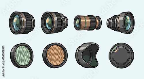 A collection of various camera lenses illustrated in a modern, flat style, ideal for photography themes