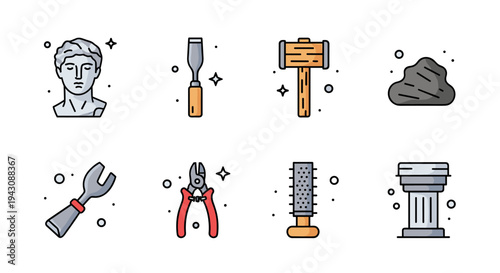 A collection of sculpting tools and elements, featuring a statue, chisels, a hammer, and a column in a modern flat style