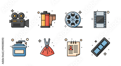 A collection of film and video production icons in a modern flat style, perfect for media-related projects