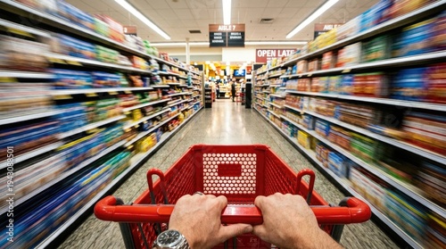 Person pushing red shopping cart down aisle in supermarket, blurred shelves with products, open late sign