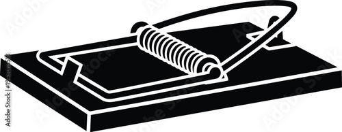 Black and white illustration of traditional spring-loaded mousetrap with rectangular wooden base, coiled spring mechanism, snapping metal bar, and bait platform for pest control concept