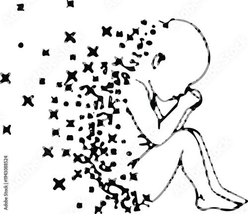 Abstract illustration of fragmented human figure dissolving into particles, symbolizing emotional distress, psychological breakdown, inner fragility, 