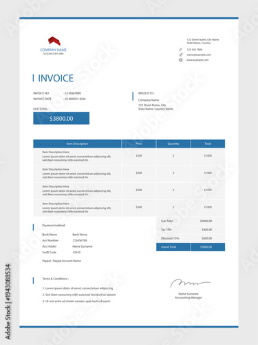 Clean and simple invoice template for corporate. Professional receipt template. Modern billing document for company.