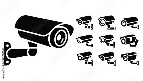 Minimal black and white CCTV camera icon set, featuring different surveillance camera designs, ideal for security systems, technology, monitoring applications, business safety infographics, and 