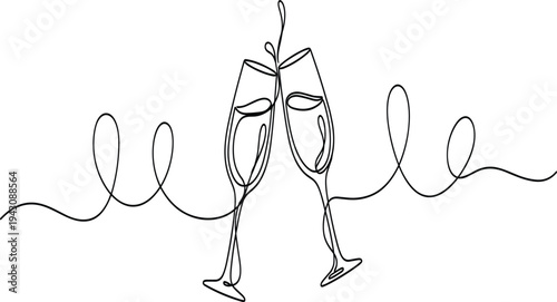 Continuous Line Love Word with Clinking Champagne Glasses Minimal Romantic Toast Illustration for Wedding, Valentine and Celebration Design