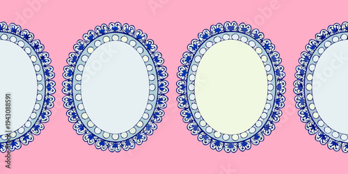 A repeating pattern of ornate oval shaped frames on a pink background