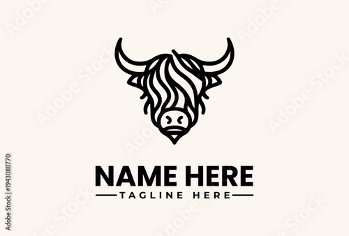 A stylized black and white illustration of a bull's head with a logo and placeholder text on a clean white background.