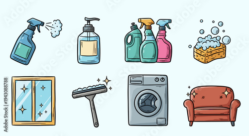 A colorful collection of cleaning supplies including spray bottles, a washing machine, and a sofa in a modern style