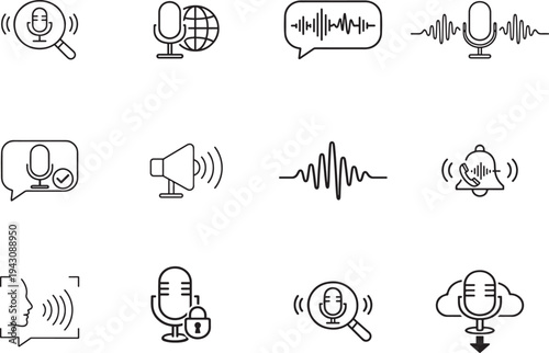 Voice web icons set in line style with sound wave, speech bubble, audio and recognition symbols