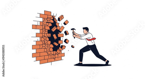 Man Breaking Down Brick Wall.
