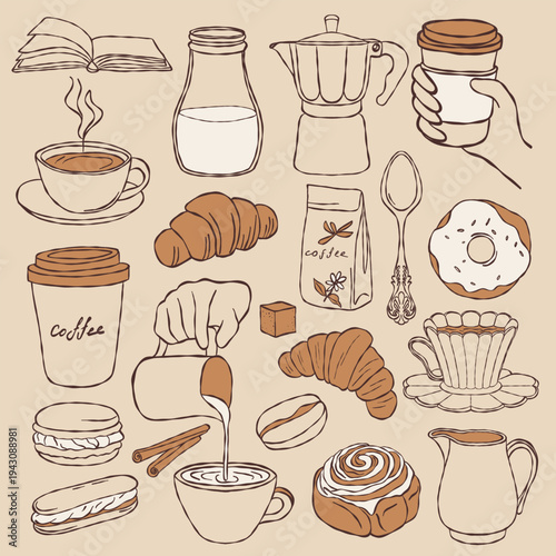 Hand drawn coffee and pastry doodle set, cozy cafe breakfast elements