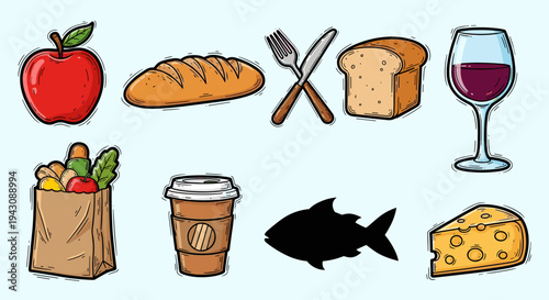 A colorful collection of food icons including fruits, bread, and beverages in a playful illustration style