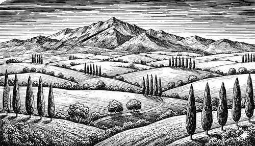 Black and white scenic countryside illustration with rolling hills, cypress trees, cultivated farmland, and distant mountain range in traditional engraving woodcut style landscape artwork