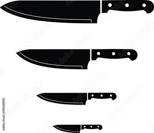 Black silhouette illustration of four different kitchen knives arranged vertically in descending size order, 