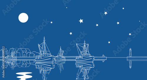 Nighttime harbor scene with fishing boats and a lighthouse silhouetted against stars