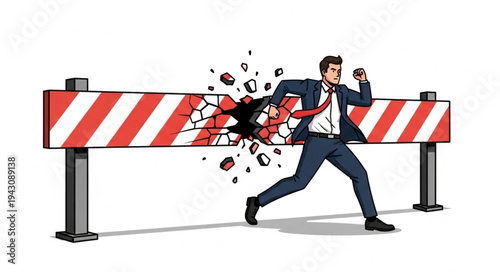 Man Breaking Through Barrier Obstacle.