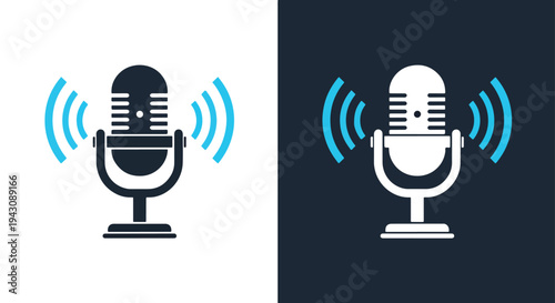 Microphone Icon Sound Waves Icon Set Audio Blue Minimalist Vector - Glyph solid icon - Editable modern style icon