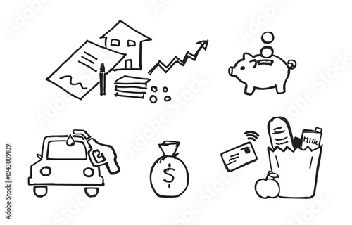 Cost of living, personal finances hand drawn icons. Vetcor illustration icon set.