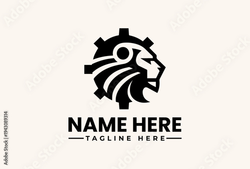 A black and white vector illustration of a lion's head logo with a gear, accompanied by placeholder text for a name and tagline on a plain background.