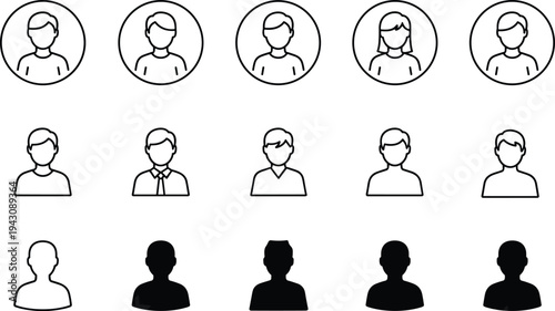 Collection of fifteen diverse user profile icons in circular, square, and silhouette styles representing digital avatars for accounts, applications, websites, and online platforms