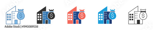 Collection of diverse financial icons depicting corporate buildings and money for banking, investment, and wealth management concepts in various styles