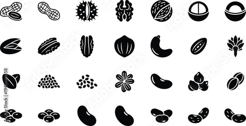 Collection of twenty-five black silhouette icons representing nuts, seeds, and legumes including peanuts, walnuts, cashews, beans, sunflower seeds, pecans, and more for culinary design