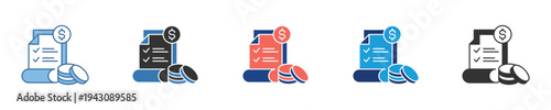 Financial document with checklist and money coins icon set. Represents successful payments, confirmed billing, budget management, and secure financial transactions
