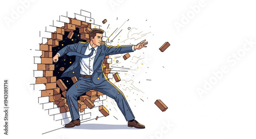 Man Breaking Through Brick Wall.