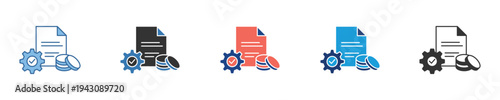 Document management icon set file configuration, system optimization, and processing. Represents data settings, workflow automation, quality control, and cost awareness
