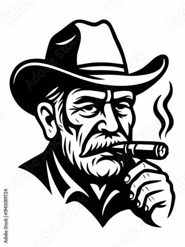 Illustration of an Old Cowboy Silhouette with a Cigar in Monochrome Style
