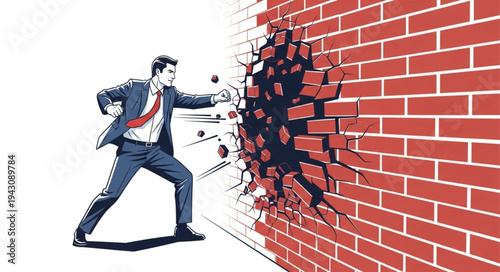 Man Breaking Through Brick Wall.