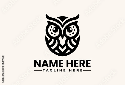 Black and white illustration of an owl logo with a customizable name and tagline on a clean background, featuring a vector graphic design with iconic and pictogram elements.