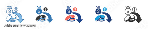 Conceptual icon set representing financial expenditure, budget management, and cost reduction strategies, illustrating money outflow and spending for economic efficiency