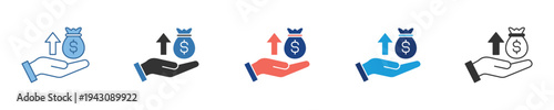 Icons depicting financial growth, investment success, and increasing wealth. Hand holds money bag with upward arrow, symbolizing rising value, prosperity, and effective savings