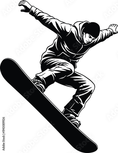 Dynamic black and white illustration of snowboarder performing aerial trick in winter sports action scene, showcasing energy, balance, athletic skill, and extreme snowboarding adventure lifestyle.
