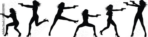 Dynamic female action hero silhouettes holding handguns in cinematic poses, stylish high heels, flowing hair, powerful stances, running, crouching, aiming, and kicking in dramatic motion scenes
