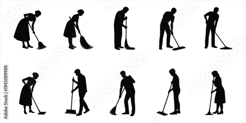 Cleaning Professionals Silhouettes with Brooms and Mops vector illustration