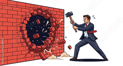 Man Breaking Brick Wall with Hammer.