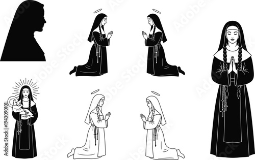 Religious Nun and Saint Vector Set Featuring Praying Figures kneeling Woman with Halo Virgin Mary Silhouette and Mother with Child